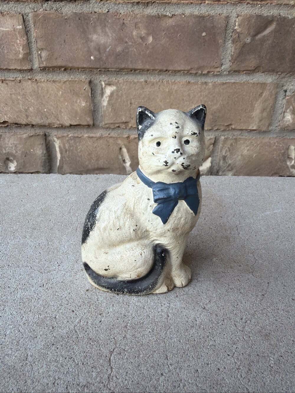 Vintage Cast Iron Cat Still Piggy Bank John Wright “Blue Bow” Detail